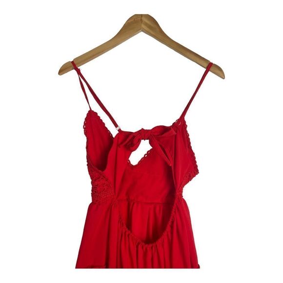 Red Tiered V-Neck Embroidered Mini Dress Open Back Size Large Cowgirl Western - Picture 5 of 9